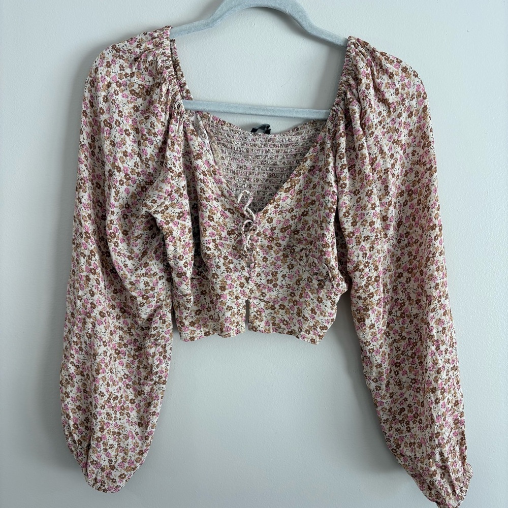 Cotton On Boho Style Pink Brown Floral Smocked‎ Crop Long Sleeve Top Size Small